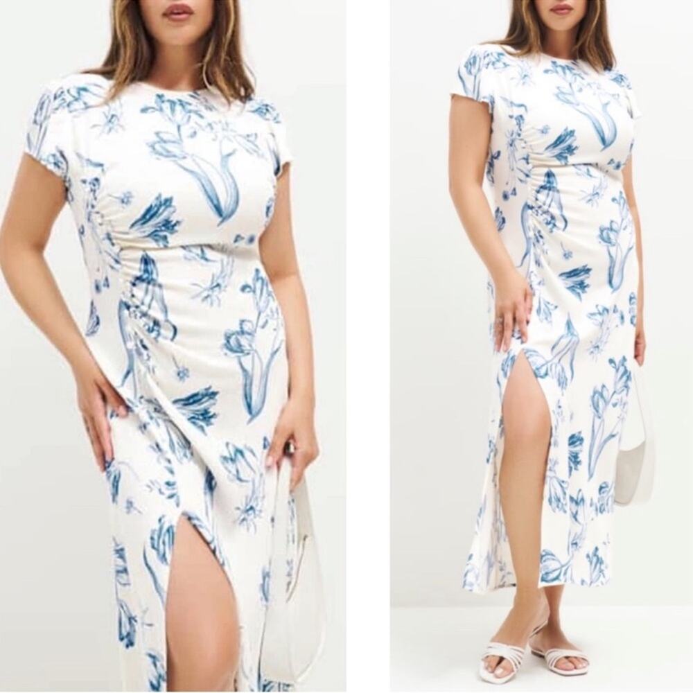 REFORMATION Frasier Floral Lisse Cap Sleeve Button Front Ruched Midi Dress Sz 18